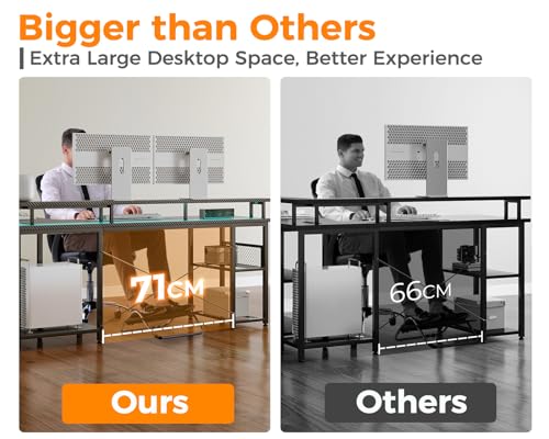 ODK L Shaped Gaming Desk with LED Lights & Power Outlets, 150×102cm Reversible Corner Desk with Storage Shelves, Computer Desks with Monitor Stand, Carbon Fiber Black