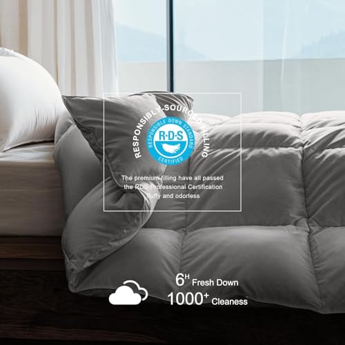 Image of Royoliving Premium Feathers Down Duvet Insert Comforter California King Size Gray Heavyweight Thickened Winter Grey 100% Cotton Cover with Corner Tabs (108x98, 77 oz)