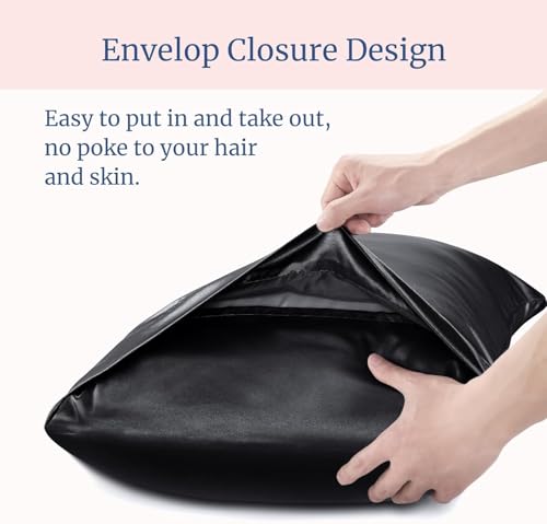 Image of Satin Pillow Covers Set of 2 with 3 Random Satin Hair Scrunchies - Soft, Silky & Gentle Pillowcases for Hair & Skin Care (Black)