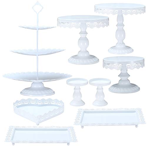 XINLIYA Set of 9 Pieces Metal Cake Stands Round Cake Stands Square Candy Fruite Display Plate Cupcake Serving Tower Wedding Brithday Party Celebration Home Decoration,Antique White