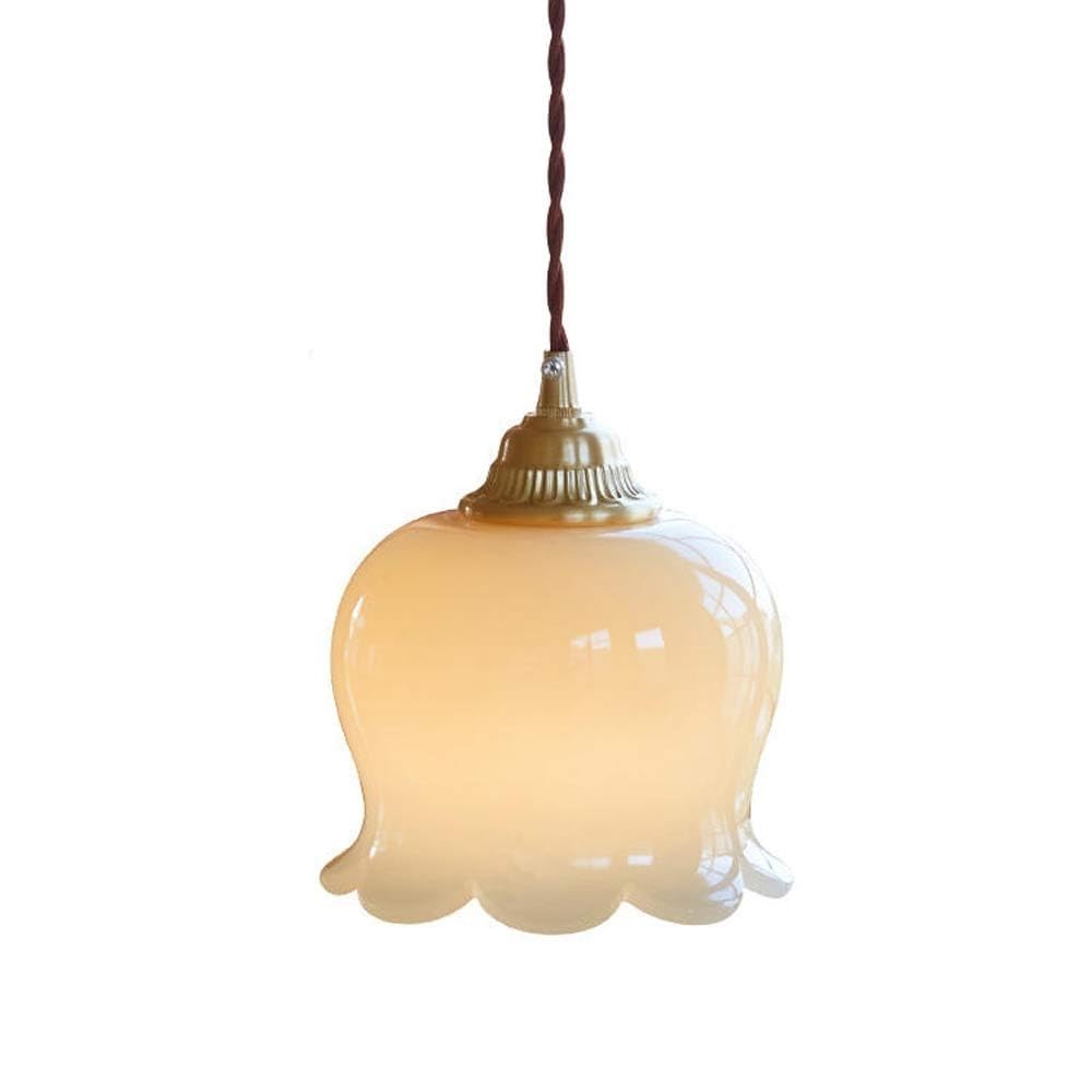 NHPJFDC French Retro Tulip Pendant Light Cream Yellow Resin Flower Shade Fixtures Brushed Copper Hanging Lamp Kitchen Island Dining Room Bedside 5.9-Inch E26 Socket 78.7" Cord