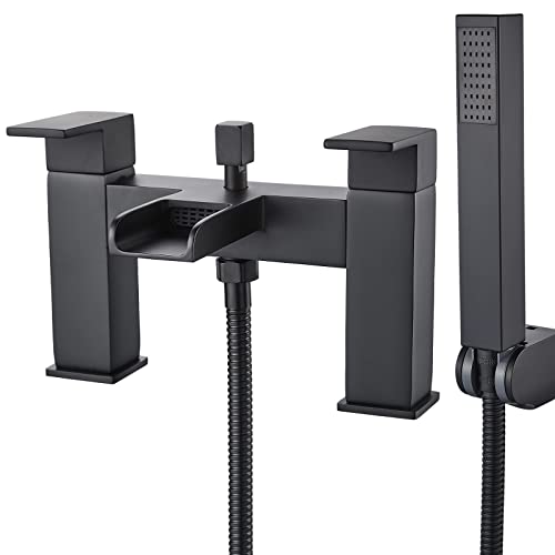 Luckyhome Bath tap with Shower Waterfall Bath Shower Filler Mixer Tub Tap Double Lever Chrome Solid Brass with Handheld Shower Head Faucet,Black