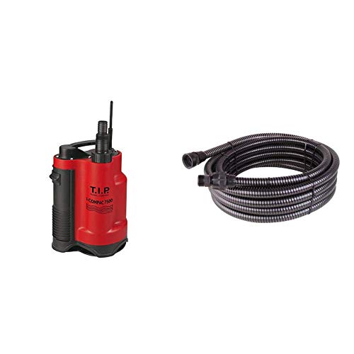 T.I.P. Schmutzwasser Drainage-Tauchpumpe I-Compac 7500, bis 7.500 l/h Fördermenge & Entwässerungsschlauch Schlauch für Tauchpumpen, Gartenpumpen, Teichaußenfilter 10 m - inkl. Anschlüsse/Adapter