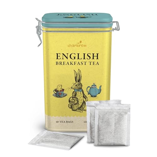 Charbrew Rabbit English Breakfast Easter Bunny Metal Tea Tin Caddy Gift – 60 Teabags Black Tea Blend