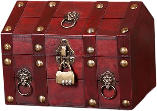 海賊の宝箱、鍵付きジュエリーボックス、木製、ヒンジ付き蓋付きアンティークデザインジュエリーオーガナイザー収納ボックス, (赤)