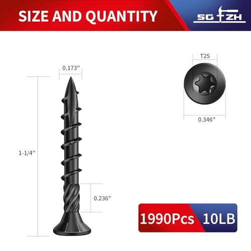 Image of #8 x 1-1 /4 inch Deck Screws (1990Pcs) 10lb. Carbon Steel, Black, Flat Head, Rust Resistant epoxy Coated, with T25 Star Bit