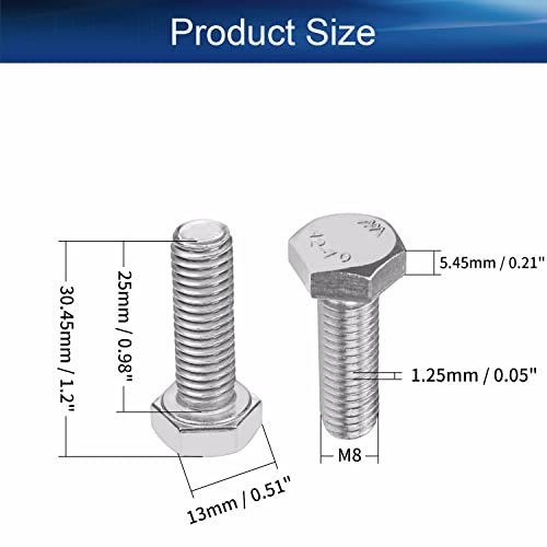 Image of Bettomshin 10Pcs M8 x 25mm Hex Bolts, 304 Stainless Steel 1.25mm Thread Pitch Fully Threaded Metric Hex Head Screw Bolts, Hexagon Screw Bolt, Hex Tap Bolts, Silver (Overall Size 30.45x13x13mm)