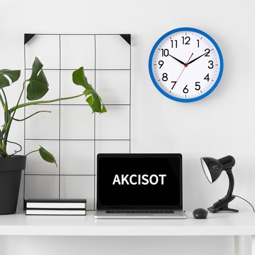 Image of AKCISOT Wall Clock 10 Inch Silent Non-Ticking Modern Clocks Battery Operated - Analog Classic for Office, Home, Bathroom, Kitchen, Bedroom, School, Living Room(Blue)