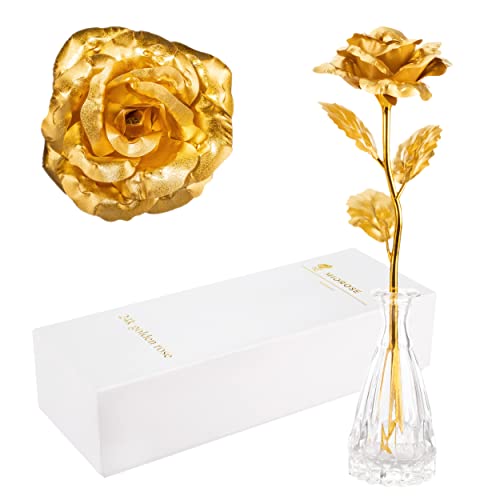 miomido 24-karaats gouden roos, eeuwige roos, handgemaakt, verguld, geconserveerde roos bloem - met geschenkdoos en echtheidscertificaat - cadeau-idee vriendin vrouw verjaardag (K: witte verpakking + vaas)