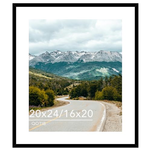 QOTIB Wood 20x24 Picture Frame with 16x20 Mat Black Display 16x20 with Mat or 20x24 Without Mat Wood 20 by 24 Photo Frame 20 x 24 Frame for Wall Hanging Display Black