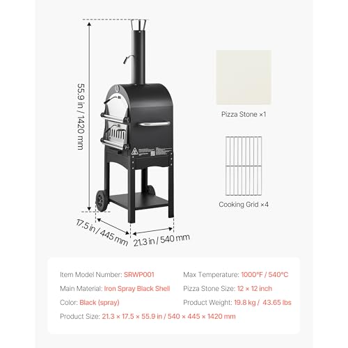 Image of VEVOR Portable Outdoor Oven, 12-inch Stand Pizza Oven with Casters, Pellet & Chips & Charcoal & Firewood Four Fuel, Baked Paint Pizza Grill, Includes Pizza Stone, Pizza Shovel, for Camping & Backyard