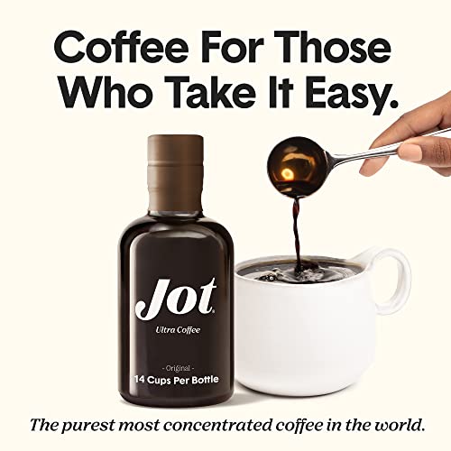 Jot Original - Coffee Concentrate. 150 mg of Caffeine. One Tbsp Instantly Creates Iced or Hot Coffee. 14 Servings Per Bottle. 20x Liquid Coffee.