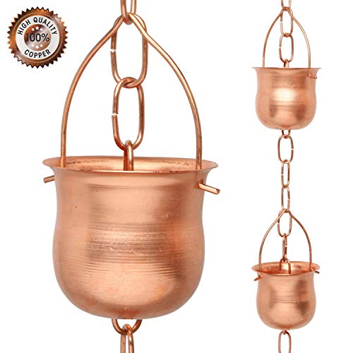 Marrgon Copper Rain Chain â€“ Decorative Chimes & Cups Replace Gutter Downspout & Divert Water Away from Home for Stunning Fountain Display â€“ 6.5â€™ Long for Universal Fit â€“ Pot Style