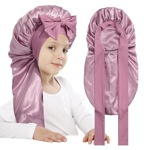 AWAYTR Long Toddler Silk Bonnet for Sleeping Elastic Satin Bonnets for Curly Hair Braid Night Cap for Aged 3-12 Kids (Rose Gold)