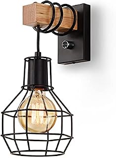 Glighone Industrial Wall Light Wooden Wall Lamp Dimmable with Switch Black Diamond Cage Retro Wall Sconces Indoor E27 Vintage Lighting for Living Room, Bedroom, Loft, Kitchen