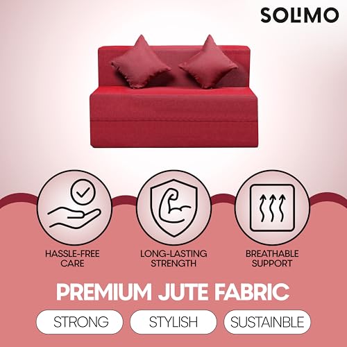 Image of Amazon Brand - Solimo 2 Seater 4 * 6 Jute Fabric Washable Cover Sofa Cum Bed with 2 Cushion 2 Seater Double Foam Fold Out Sofa Cum Bed (Finish Color - Maroon Delivery Condition - Pre-Assembled)