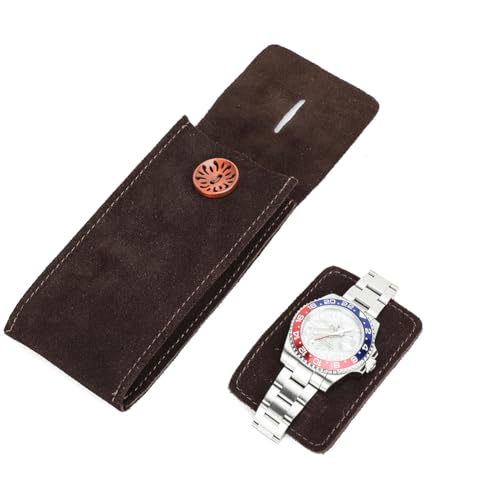 Image of CONTACT'S FAMILY Leather Watch Travel Case for 1 Watch (Coffee) | Genuine suede leather, snap button closure, soft lining, ultra-compact 46g, vintage design, Valentine's gift for men.