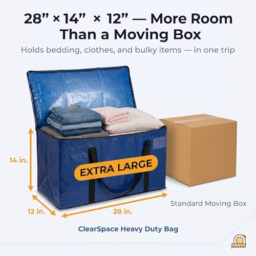 Image of ClearSpace Heavy Duty Moving Bags or Storage Bag - Large Moving Boxes with Backpack Straps, Zippers & Handles - Perfect for Moving, College Dorm, Traveling, Camping, Christmas Decorations, 8 Pack