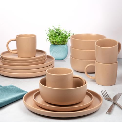Image of Zulay Kitchen Terra Stoneware Dinnerware Set, Artisanal Ceramic Plates and Bowls Set Crafted at 2300℉ - Service for 4, Terracotta Clay