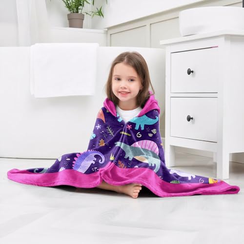 Image of Dinosaur Girls Beach Towel with Hoodie for Kids Toddlers Age 4-8, Pink Bath Towels Shower Wrap for Girls, Hooded Poncho Beach Blanket for Pool Swimming Cute Wearable Bath Towel for Child