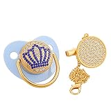 Baby Initial Crown Pacifier with Clip, Crystal Rhinestone Bling Pacifiers 6 -12 Months, Silicone Pacifiers for Breastfed Babies, Baby Girl and Boy (Blue)