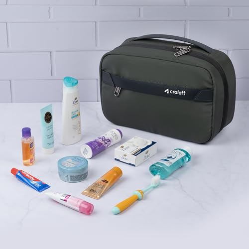 Image of Craloft Hanging Toiletry Pouch for Men & Women | Water-Resistant Travel Organizer Pouch | 4 Sections kit with Mesh & Clear Pockets | Toiletry Bag for Daily, Office & Travel Use (Green)