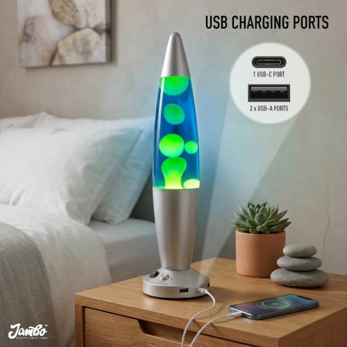 Image of JAMBO 16-Inch Beautiful Lamp with Wax, Relaxing Night Light Home Decor, Extra Tall, Living Room Office Bedroom Lamp for Adults, Teens, Kids (USB, Auto Shut Off, Silver Base, Blue Liquid, Yellow Wax)