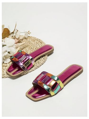Image of GORGLITTER Women's Colorful Sparkly Multi Colored Summer Slip Flat Sandals | Colorful Flat Sandals, Leather Sandals, Slip on Sandals Women, Multi Colored Sandals, Summer Sandal