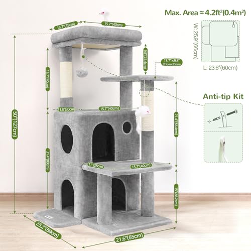 Image of Globlazer Cat Tree Tower for Indoor Cats, 50-inch Adult Cat Tree House for Large Adult Cats with Steps, Scratching Post, 2 Cat Caves, Dangling Toys, FC50, Light Grey