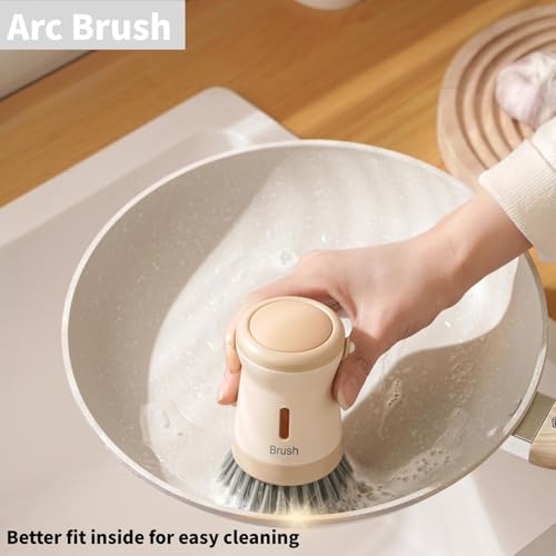 Image of Dishwashing Brush with Soap Dispenser：Dish Brush,for Kitchen Cutlery,Pots and Pans Sink Cleaning,Dishwashing Brush Set with Base (Beige)