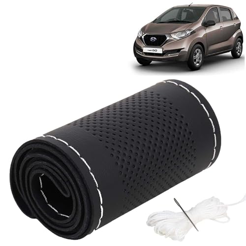 Image of KINGSWAY PU Leatherite Car Steering Cover Sewable Compatible with Datsun Redi Go (Year 2016 Onwards), Black Color with Silver Thread, Pack of 1 with Sewing Needle and Thread