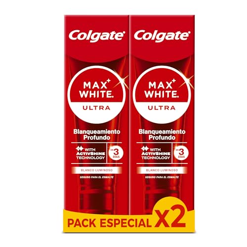 COLGATE Max White Ultra Active Foam Pasta de Dientes Blanqueadora con Flúor, Pack 2x75ml, Dentífrico Blanqueador Seguro con el Esmalte, Elimina Manchas Profundas*