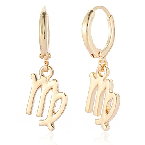 14k Gold Plated Zodiac Sign Drop Hoop Earrings for Women Birthday Gift