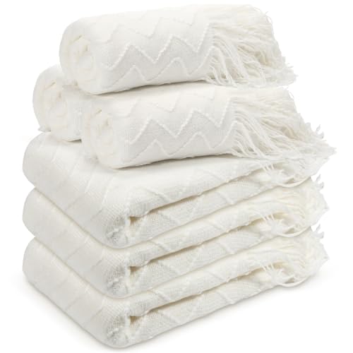 Buryeah 6 Pack Boho Knitted Throw Blankets with Tassels 50''x60'', White | Bulk Soft Chevron Knit Blankets for Couch & Sofa, Wedding Housewarming Teacher Appreciation Gifts, Cozy Farmhouse Decor