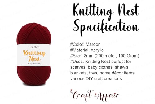 Image of Craft Affair | Knitting Nest Acrylic Yarn (200 Meter, 100 Grams, 2mm) / Woolen Yarn /Acrylic Yarn for Knitting and Crocheting-Maroon