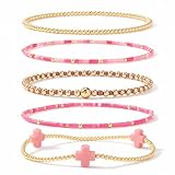 EQUBIO Gold Beaded Cross Bracelet for Women, 14K Plated Adjustable Stackable Dainty Bracelets, Non Tarnish Fashion Jewelry Set Gifts for Women Birthday Friendship (pink)