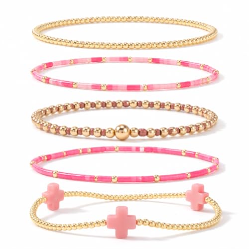 EQUBIO Gold Beaded Cross Bracelet for Women, 14K Plated Adjustable Stackable Dainty Bracelets, Non Tarnish Fashion Jewelry Set Gifts for Women Birthday Friendship (pink)