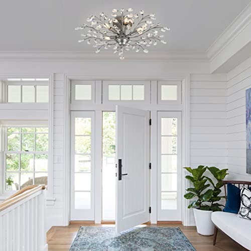 Seol-Light Frozen Crystal Branches Close To Ceiling Light Sliver Grey Flush Mount Light Fixture With 5 Light 200W For Bedroom,Entryway,Living Room,31.5" Dia Large; #TOP3