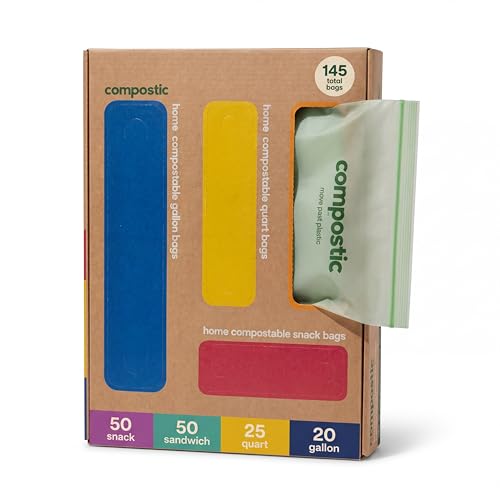 Compostic Compostable Sandwich Bags Snack Bags Quart & Gallon Food Storage Bags Variety Pack (145 Count) Resealable Zip-Seal Plant-Based Freezer & Microwave Safe Non-Toxic BPA-Free GMO-Free