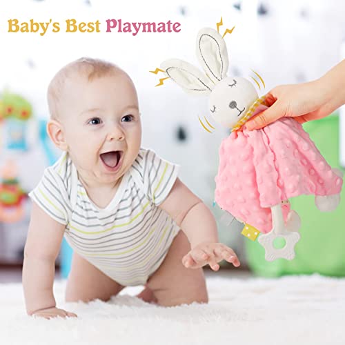 Image of Loveys for Babies, Security Blanket Soft Stuffed Animal Bunny Lovey Unisex Lovie Baby Stuff Snuggle Blanket with Tags Teether Bells, Soothing Plush Toys Baby Gift for Newborn, Pink Rabbit