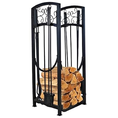 Sunnydaze Small Firewood Rack with 4-Piece Fireplace Tool Set - Includes Firewood Holder, Log Grabber, Brush, Shovel, and Poker - Black - 32" H