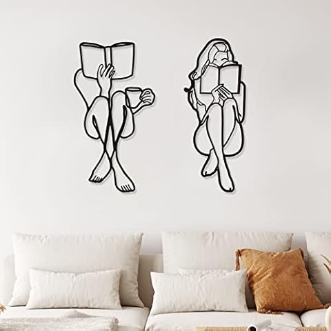 2 Pcs Metal Minimalist Wall Art Decor Abstract Woman Home Decor Room Decor Bedroom Decor Modern Wall Decor Metal Single Line Art Female Body Decor for Kitchen Bathroom Living Room (Reading Style) Cover