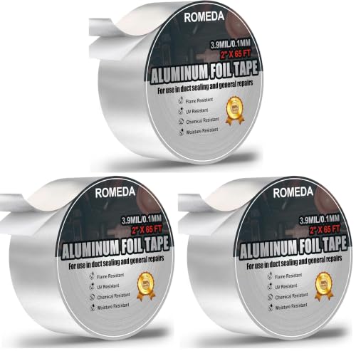 Image of Romeda Aluminum Foil Tape, 2 inch x 65 Feet Foil Tape (3.9 mil), Silver Insulation Adhesive Metal Tape, High Temperature Heavy Duty HVAC Tapes for Ductwork, Dryer Vent, HVAC (Pack of 3)