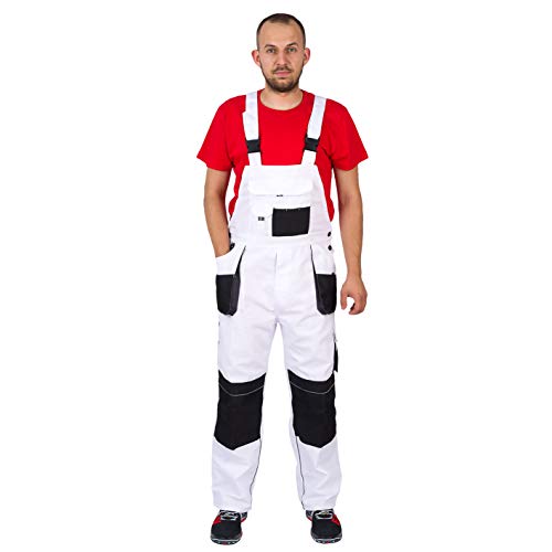 Gama JM FORECO-B White, Grey, Black Bib and Brace Overalls Mens Work Trousers Knee Pad Dungarees Multi Pocket Clasic and Knee Pads Painters (White, UK 28-30 / EU 46)