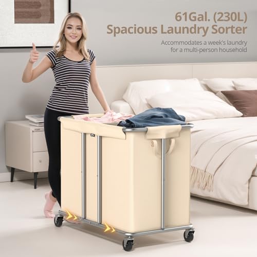 Hodonas-Rolling-Laundry-Hamper-2-Section-Beige-315Lx1575Wx307H-230L61Gal-Storage-Capacity-with-Metal-Structure-Removable-Liner-and-Silent-Casters-Sturdy-Clothes-Hamper-for-Home