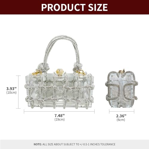 Image of Rhinestone Acrylic Clutch Sparkly Silver Evening Bag, Clear Purse with Bling Rope Perfect for Bridal Prom Club
