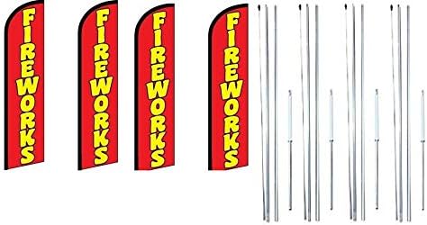 OnPoint Wares Fireworks Feather Flag Sign – Red King Size Outdoor Advertising Banner (With Complete Hybrid Pole Set), Pack of 4