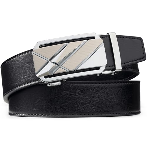 Image of Drowsmen Leather ratchet belt 1 3 /8 inch with Click Sliding Automatic Buckle, Adjustable belt Trim to Fit