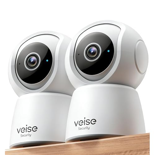 Veise 2K Indoor Security Camera 2.4GHz, 360° Pan/Tilt Pet Camera with Motion Tracking, Baby Monitor, 2-Way Audio, Night Vision, Cloud/SD Storage, Compatible with Voice Assistant, White, 2Pac
