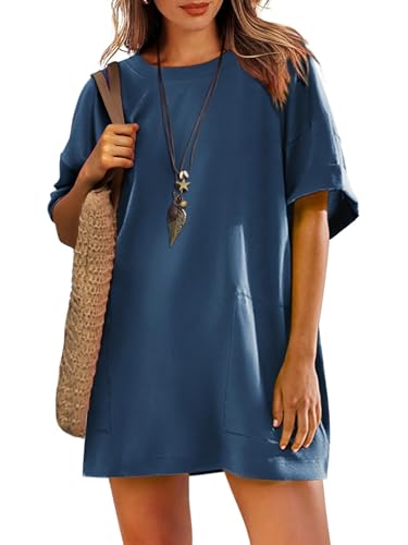 Image of LUXVEER Womens Oversized T Shirt Dress Short Sleeve Crewneck Tunic Tops Basic Summer Casual Mini Short Dresses with Pockets